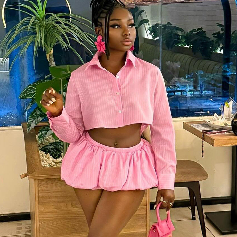 European and american style women's clothing  autumn new collection: sweet and fresh striped turn-down collar short sleeve blouse and high-waisted shorts two-piece set