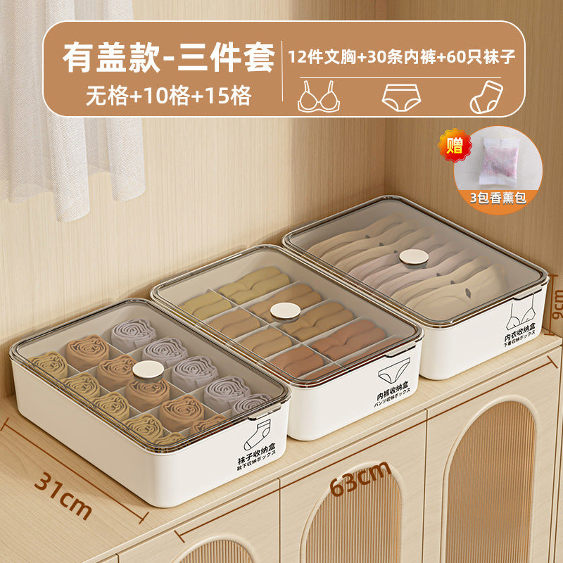 Underwear storage box - home organizer for socks, bras, and panties - 3-in-1 compartmentalized closet organizer with lid - dustproof