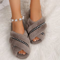 Plus sizenew arrival cross-top fur slippers for women home indoor and outdoor flats rhinestone flip-flops wooden floor cotton slippers
