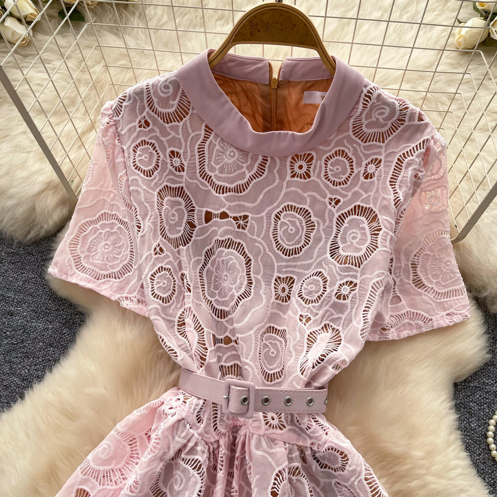 French chic pink cutout lace dress - women's summer high-style workwear, slimming a-line dress