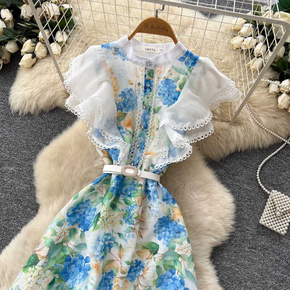Vacation style v necktie back waist printingdress women's summer new arrivalruffle sleeves slimming lookelegantwork clothing long skirt