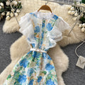 Vacation style v necktie back waist printingdress women's summer new arrivalruffle sleeves slimming lookelegantwork clothing long skirt