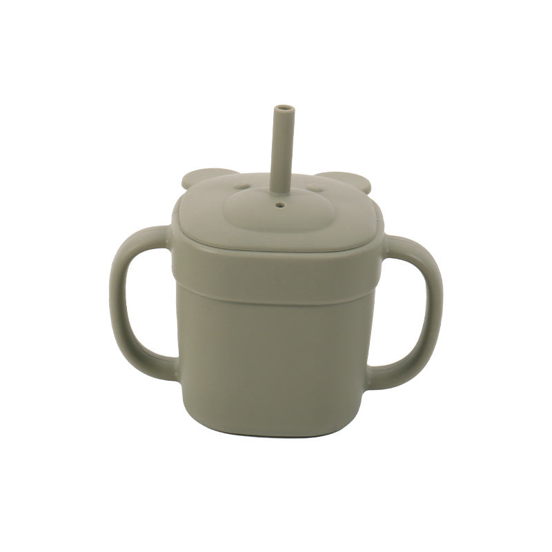 Children's silicone straw cup Baby bear baby drinking milk drinking cup Double handle anti-drop silicone feeding tableware