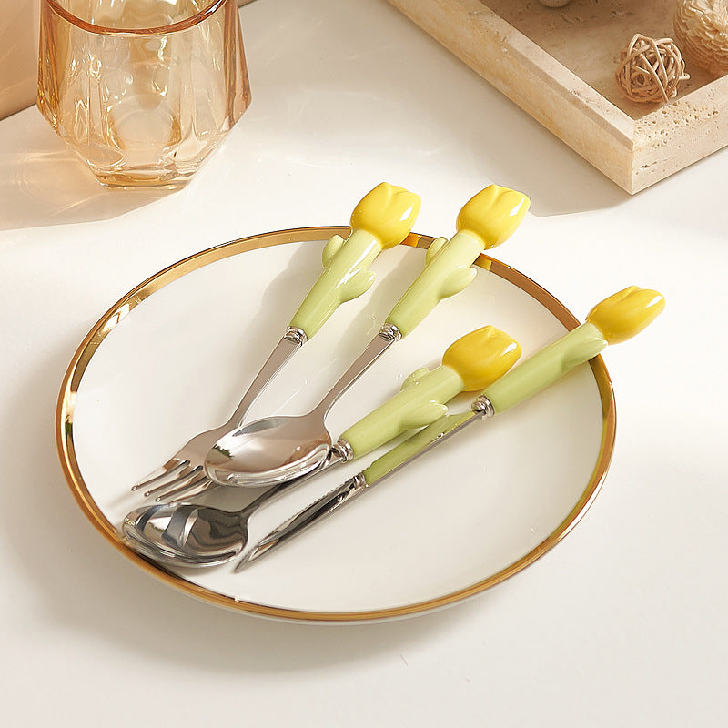 Simple 304 stainless steel kids knife, fork and spoon combination, high-looking spoon, tulip ceramic handle, steak knife