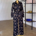 European and american cross-border women's fashion:  autumn new collection - stylish turn-down collar printed long-sleeve shirt and high-waisted trousers casual set