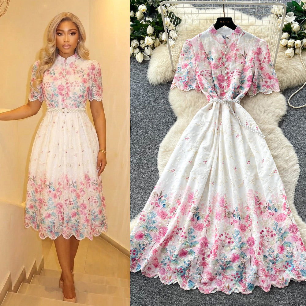 Vintage floral hollow-out short sleeve lace embroidery dress - women's summer high-waisted a-line maxi dress - slimming and elegant