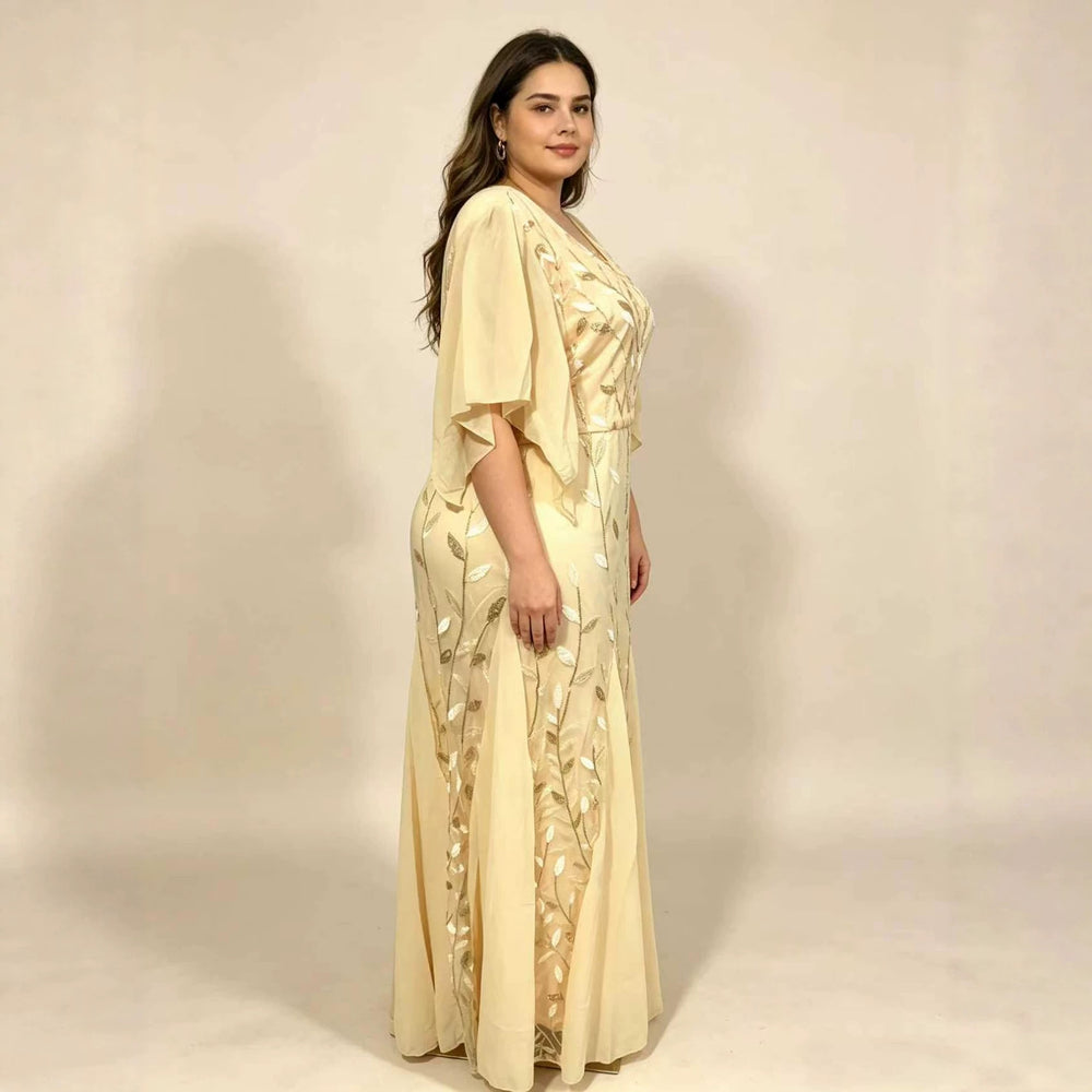 European and american plus-size women's clothing:  summer new arrival - short sleeve v-neck, cinched waist, ruched mesh panel long dress