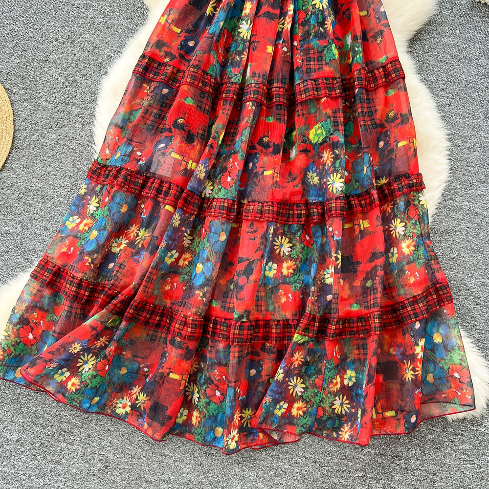 Accessible luxuryretro palace style floral suspender dress women's summer slimming look waist design large swing super fairy long skirt