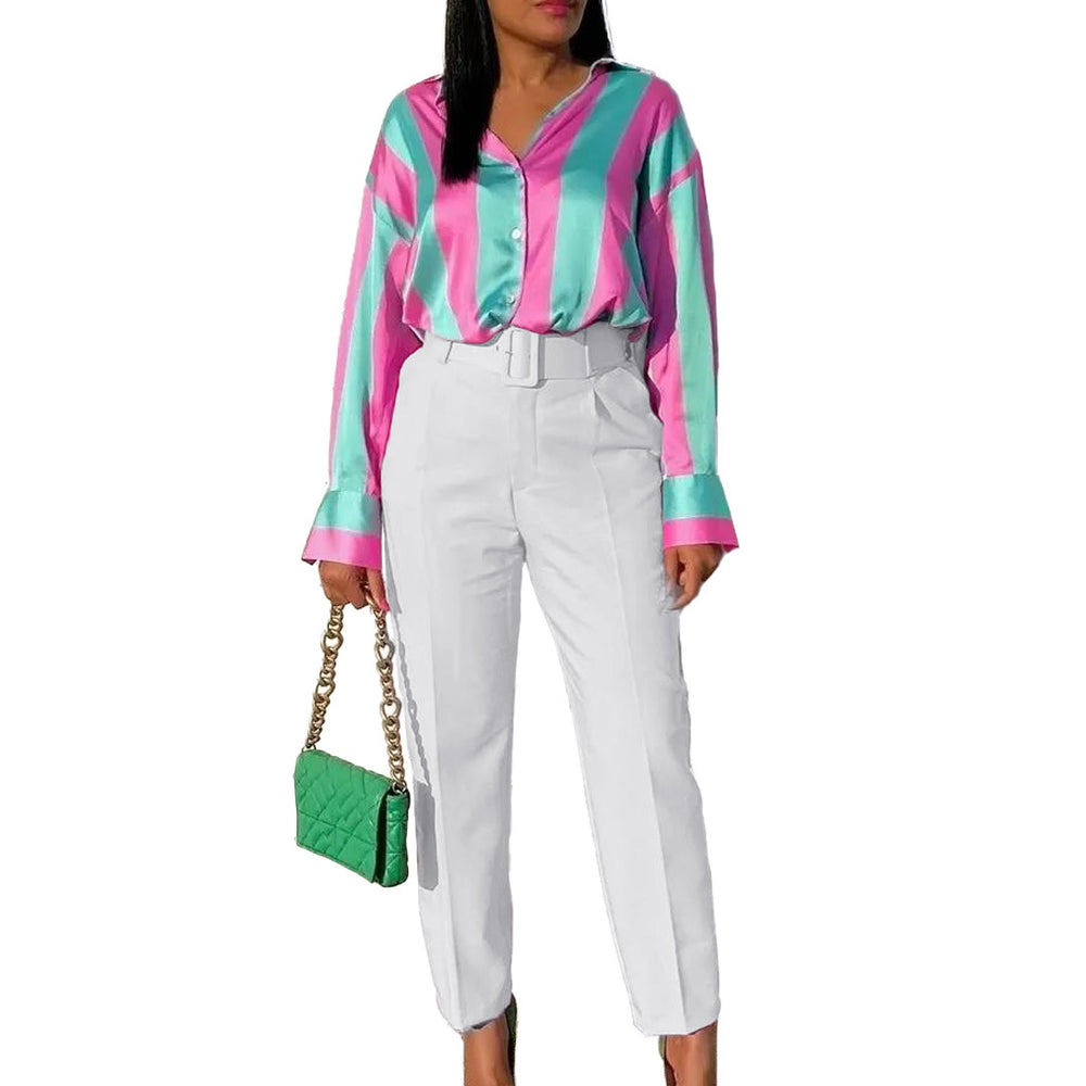 Belted european and american style women's clothing  spring new fashion plus size slimming high waist casual skinny pants foreign trade suit pants