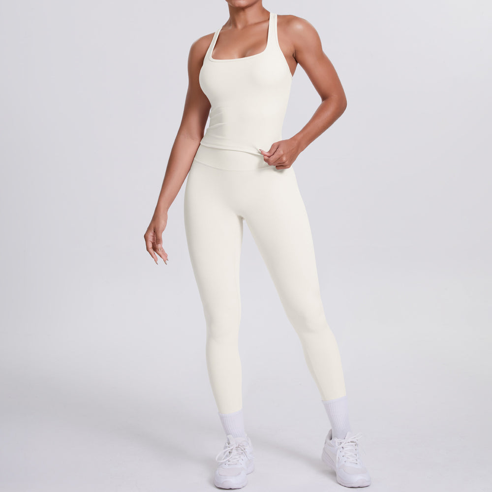 fashion double-sided brushed pure color tight i-shaped back sports suit running fitness yoga clothes two-piece set