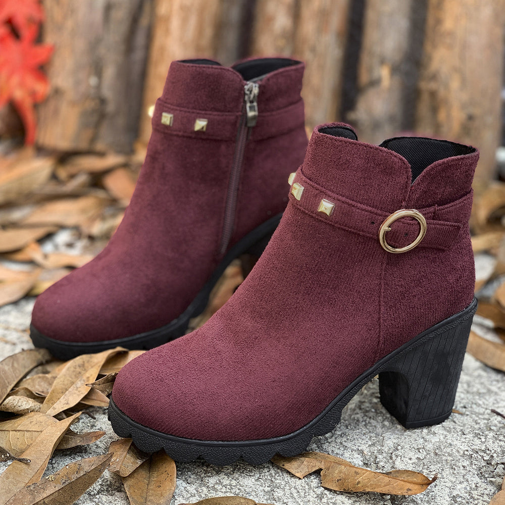Wholesale women's plus size spring/autumn new british style chunky heel high heel martin boots with rivet belt buckle ankle boots