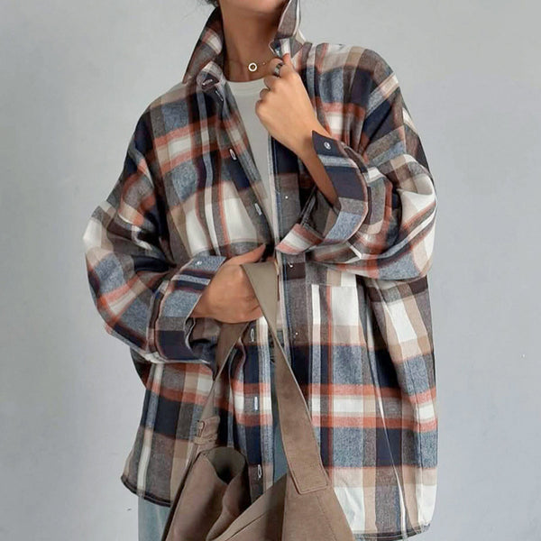 Lazy style plaid shirt female   new design sense contrasting color loose long-sleeved premium versatile cardigan