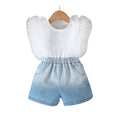 new girls' pink mesh ruffle sleeveless top + gradient rhinestone denim shorts set