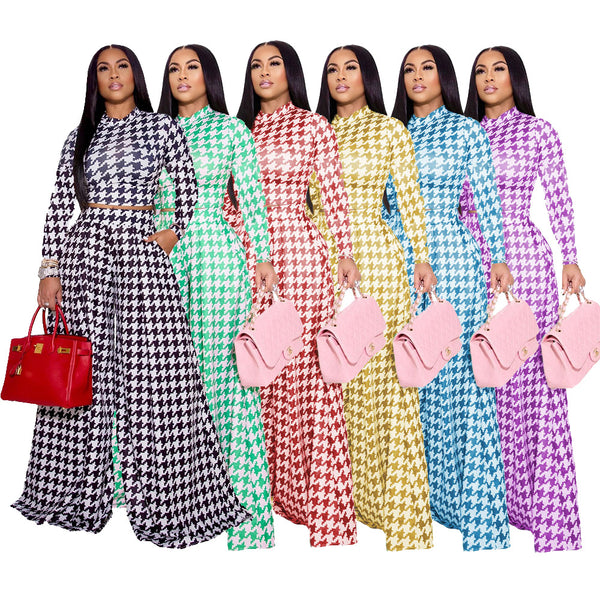 MM2139 European and American autumn and winter women's clothing features thousand birds plaid printing round neck long-sleeved trousers women's casual suit