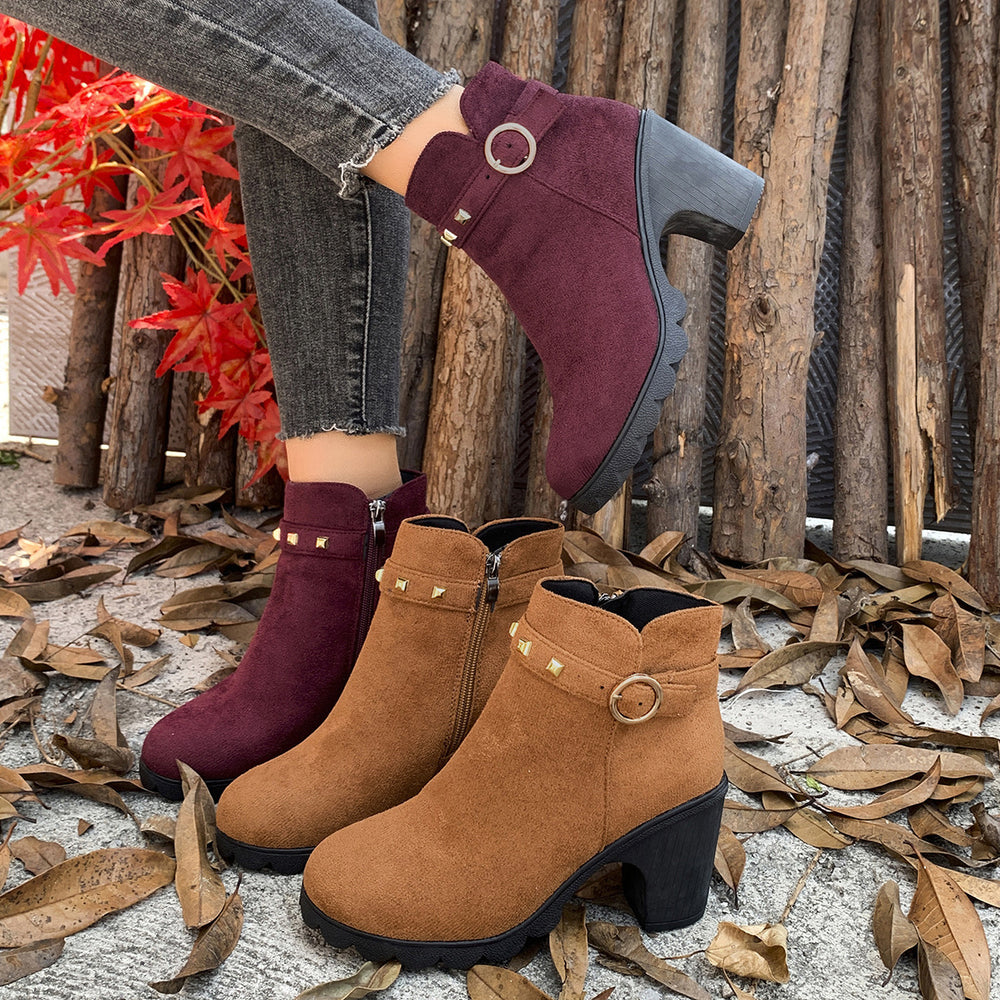 Wholesale women's plus size spring/autumn new british style chunky heel high heel martin boots with rivet belt buckle ankle boots