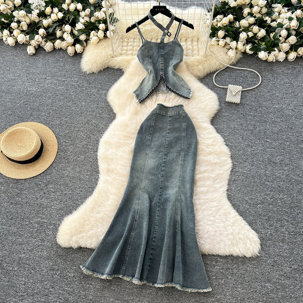 Pure desire hot girl suit women's summer american style silmasymmetrical tassel suspender denim tops + mermaid skirt