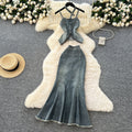Pure desire hot girl suit women's summer american style silmasymmetrical tassel suspender denim tops + mermaid skirt