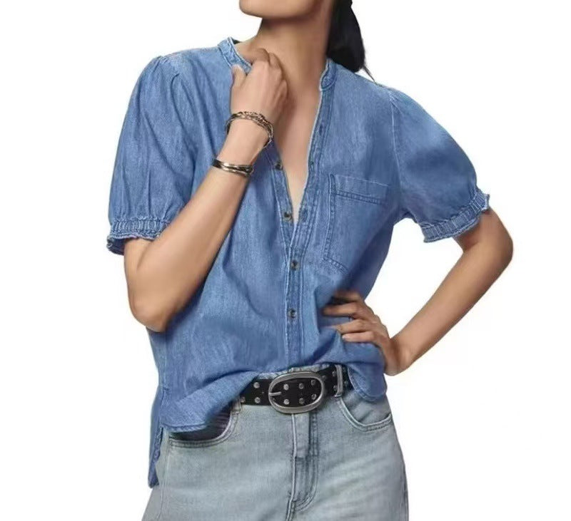 new european and american style versatile princess sleeve lightweight denim shirt casual top for women - perfect for cross-border e-commerce on  and