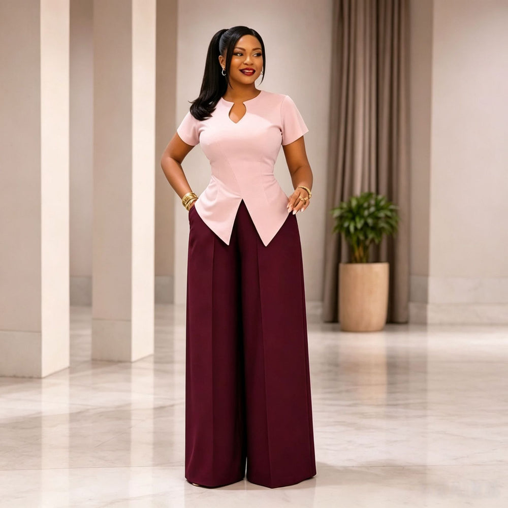 European and american cross-border women's fashion  summer new arrival: elegant commute slim-fit short sleeve top and wide-leg trousers casual set