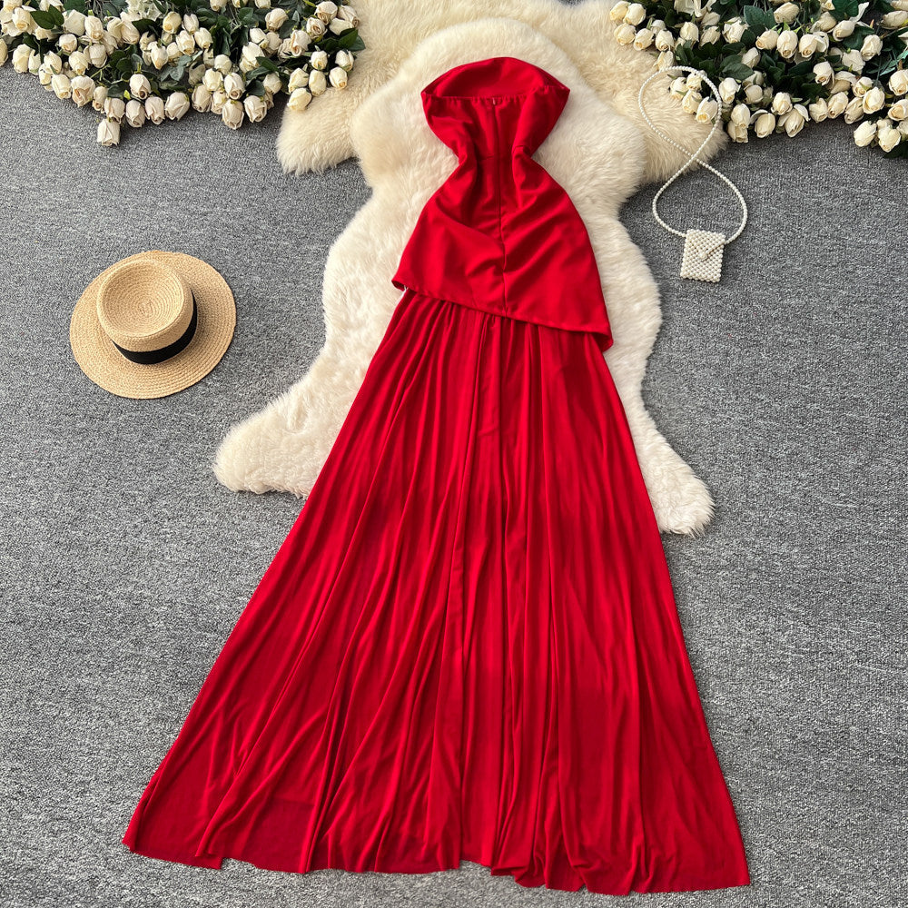 French red bandeau mesh patchwork dress - women's summer cinched waist slimming a-line maxi dress - high-end, elegant, and chic