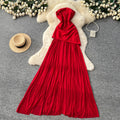French red bandeau mesh patchwork dress - women's summer cinched waist slimming a-line maxi dress - high-end, elegant, and chic