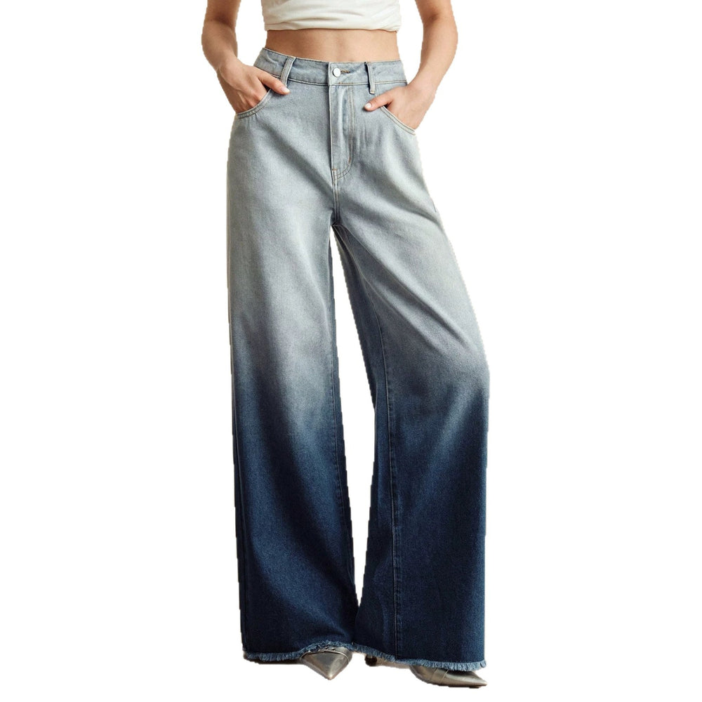 European and american style women's gradient washed denim wide leg jeans - relaxed fit, straight leg, slimming effect