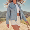 Fashion cross-border foreign trade lapel beading double patch pocket metal button hem raw edge drop shoulder version denim outwear for women