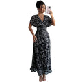 printed midi a-line dress - new french style, v-neck, slimming black dress