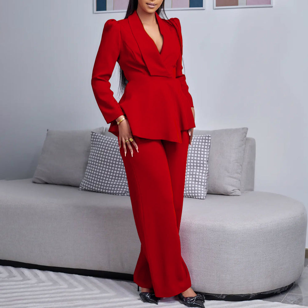 D3315 european and american style women's new fashion elegant ol ruffle long sleeve top and wide leg pants cross-border set