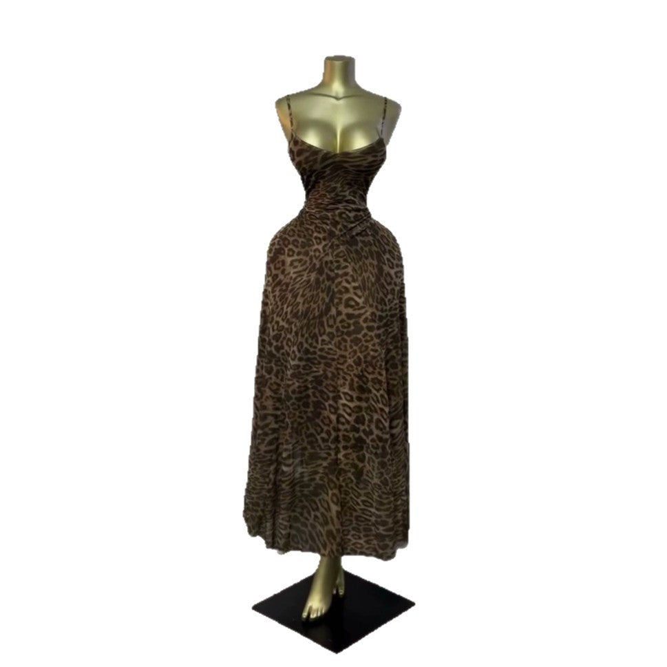 European and american cross-border women's fashion:  summer new sexy leopard print bandeau bodycon maxi slip dress
