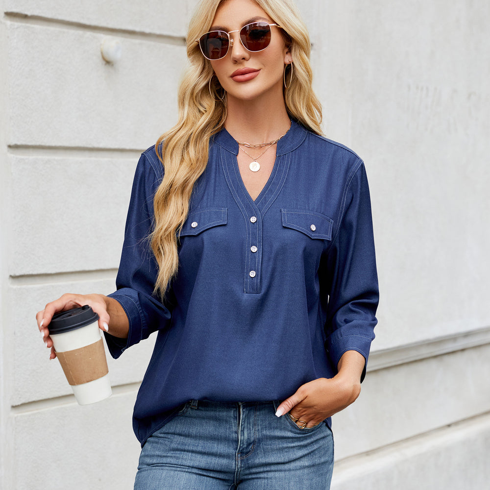 European and american cross-border e-commerce  women's spring/summer new arrivals:  &  casual loose-fit denim-look long shirt