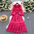 French chic high-end elegant dress - women's premium tie-waist lantern sleeve embroidered mesh a-line midi dress