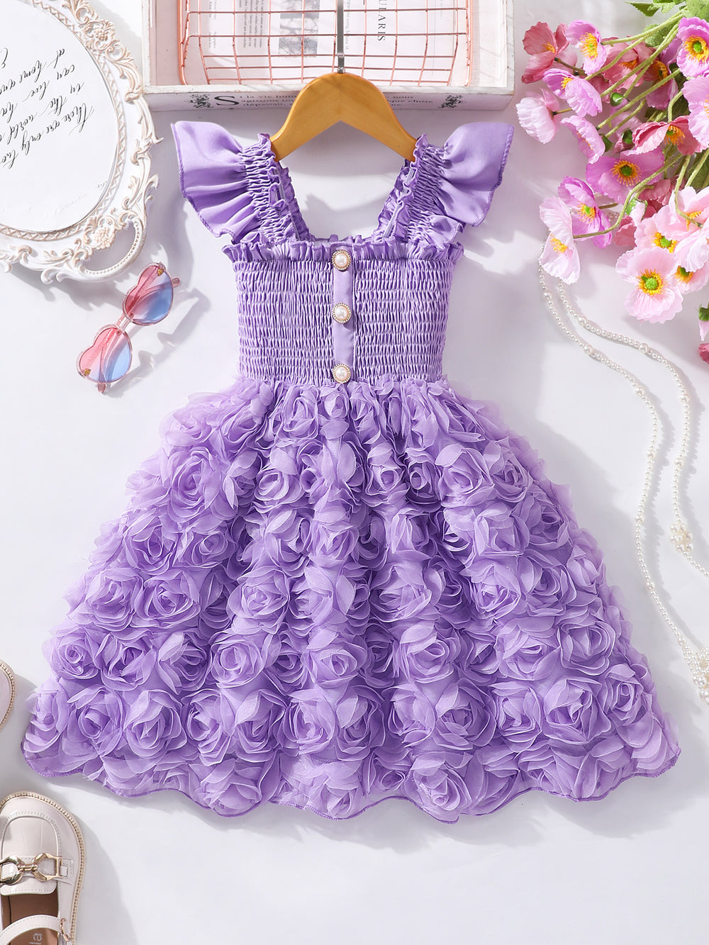 Girls' (toddler) dress, summer solid color flutter sleeve 3d rose ruched dress