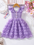 Girls' (toddler) dress, summer solid color flutter sleeve 3d rose ruched dress