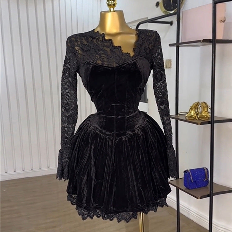 European and american cross-border women's fashion:  autumn new arrivals - sexy and elegant asymmetrical lace backless tie-up dress
