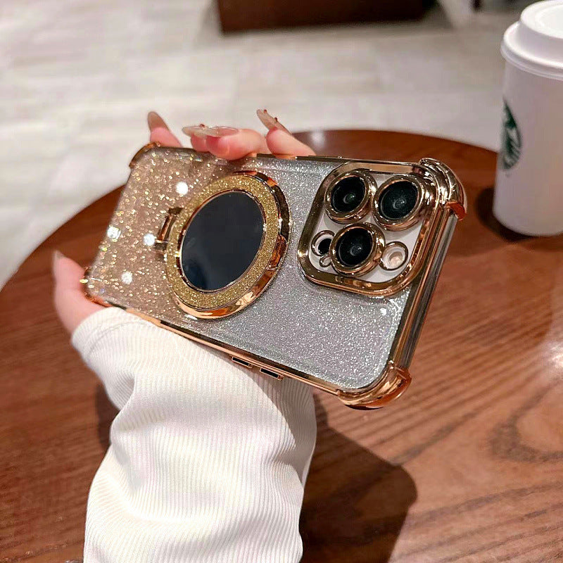 Glitter mirror magnetic stand iphone 17 case, compatible with apple 15, minimalist four-corner transparent electroplated soft case