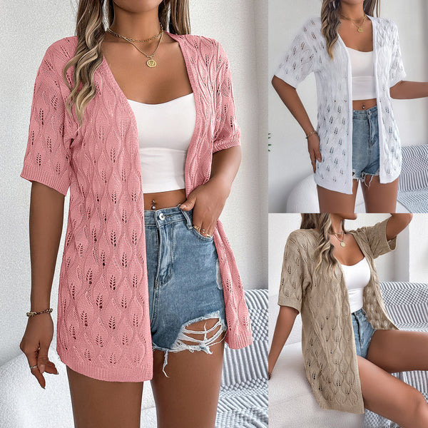 2025 summer hollow leaf short-sleeved knitted cardigan vacation sunscreen shirt,  European and American  women's clothing