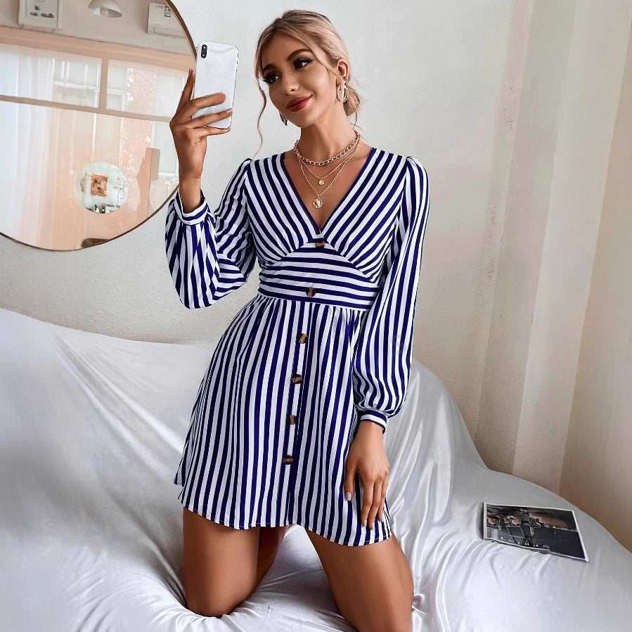 European and american cross-border   new fashion slim-fit v-neck button-down striped long-sleeve ruched women's dress