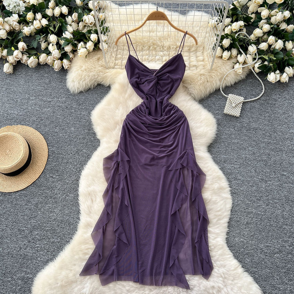 Goddess-style design: subtle twist knot cami dress - women's  summer collection - ruched waist, asymmetrical maxi dress