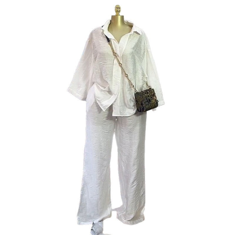 European and american women's clothing  autumn new collection: sweet & fresh, loose fit plus size shirt and high-waisted straight-leg pants two-piece set