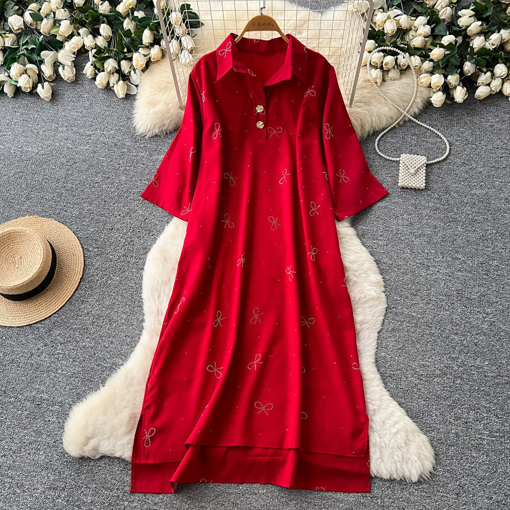 Light mature french style red printingdress women's summer diamond bows short-sleeved lapel slimming lookelegantwork clothing skirt