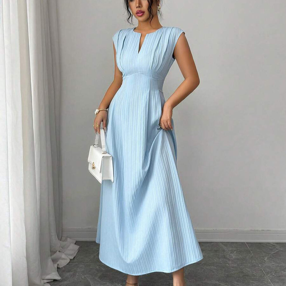 european and american cross-border summer new arrival: light blue pleated sleeveless a-line maxi dress - commute chic & elegant