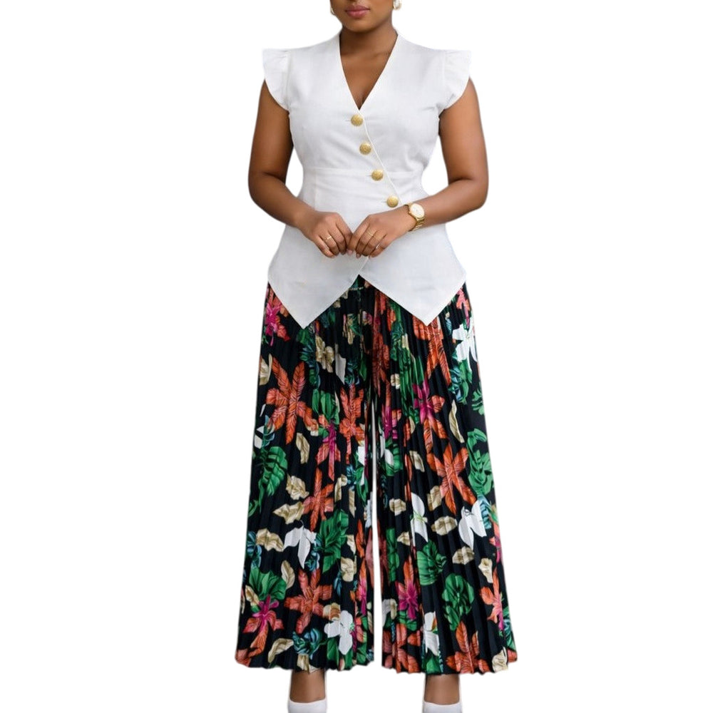 D632 european and american cross-border fashion sleeveless button-up solid color v-neck top with printed pleated wide-leg pants african two-piece set