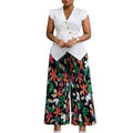 D632 european and american cross-border fashion sleeveless button-up solid color v-neck top with printed pleated wide-leg pants african two-piece set