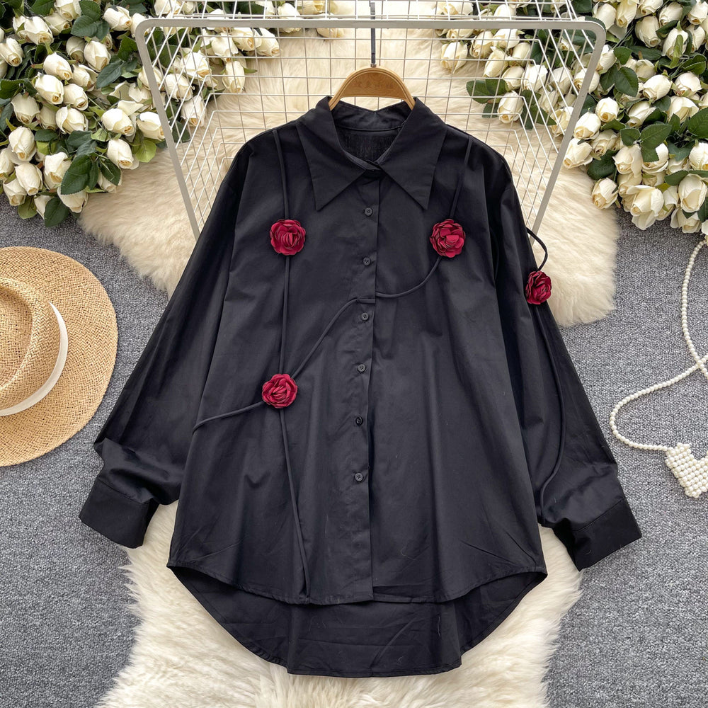 Frenchniche stylesense of designstereoflowersshirtfemaleautumlooseslimming lookfashionable age reduction chicaccessible luxurytops