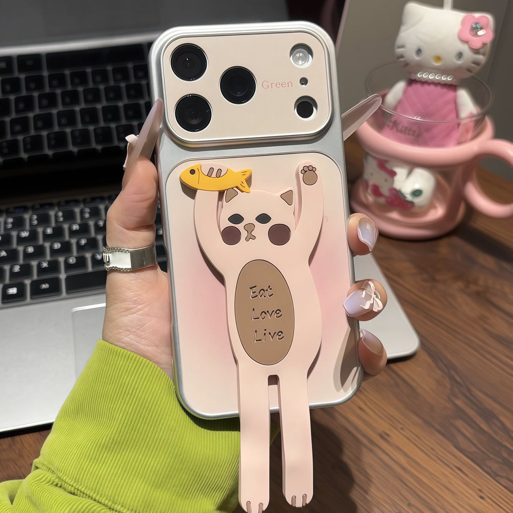 Coffee maker cat foldable stand compatible with apple 17 pro max phone case - "fish catching cat" iphone 16 soft case