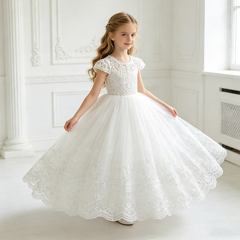 Amazon cross-border girls' dress - white minimalist style fashionable lace patchwork children's dress - new summer collection