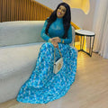 European and american style ins cross-border printing patchwork women's clothing slightly see-through fresh a-line skirt high collar elastic silm long sleevesdress