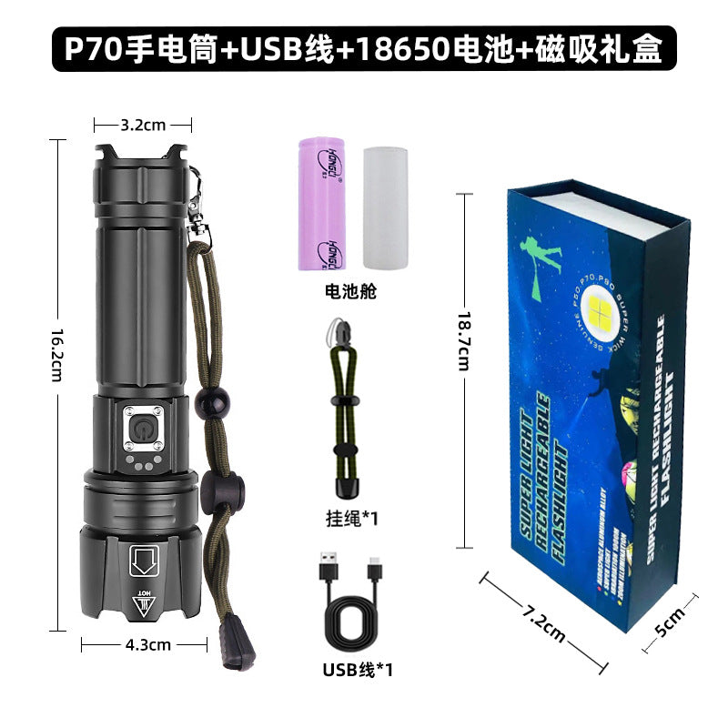 Cross-border special P70 flashlight super bright led aluminum alloy zoom electric display flashlight outdoor multi-function flashlight