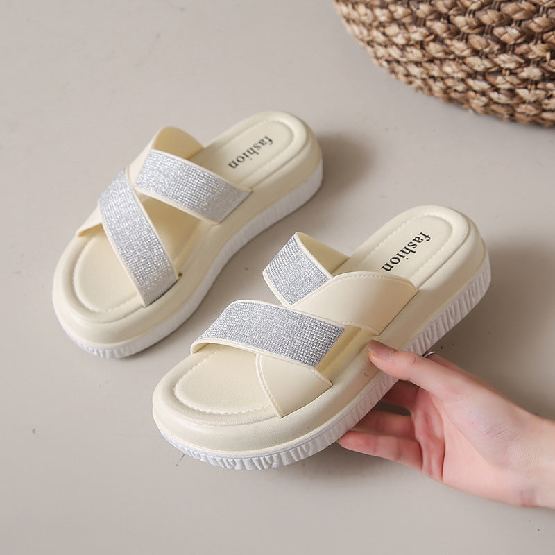 Trendy rhinestone sandals women's summer new thick sole height increasing flip flops beach high-end slippers
